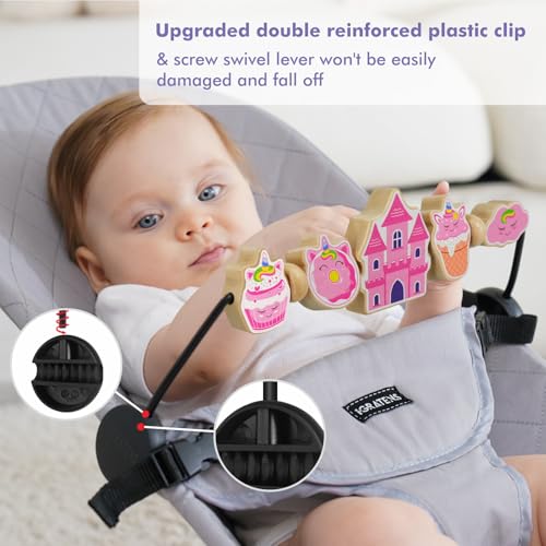Image of iGRATENS Baby Bjorn Bouncer Toy Bar, Adorable Pink Elements Wooden Toy for Bouncer Soft & Bliss, Easy to Attach and Remove, Child-Friendly Materials, Special Design for Baby Girls, Castle & Dessert