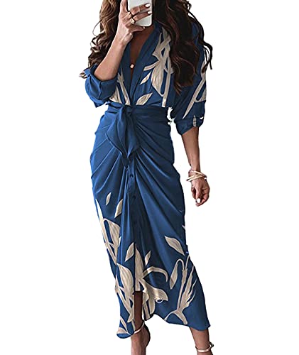 FYEARFOX Women's Button Down Shirt Dress Ruched Split Maxi Dresses Long Sleeve Wrap V Neck Tie Waist Party Clubwear