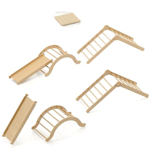 Trintion 4-in-1 Indoor-Klettergerüst für Kleinkinder, Montessori-Klettergerüst-Set mit Holz-Kletterdreieck, Bogen, Rutsche und kurzem Kissen, faltbares Kletterspielzeug für Kinder