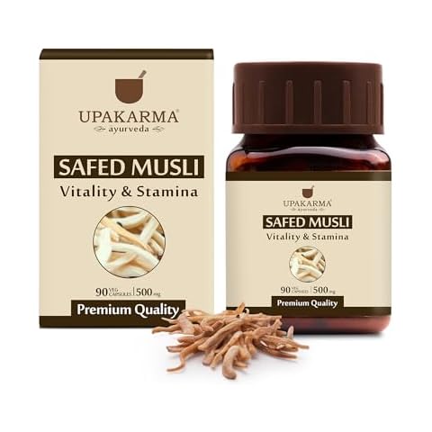 UPAKARMA Ayurveda Pure Safed White Musli (Asparagus Adscendens) 90 Capsules for Powerful Strength, Stamina, and Immunity Booster-1000MG for 2 Capsule(Daily Dosage), 45 Days of Supply - Pack of 1 Cover