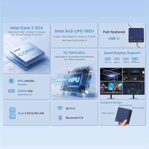 Image of AI Mini PC, Intel Wildcat Lake Core 3 304 5C /5T, Mini Computer- 11 PRO