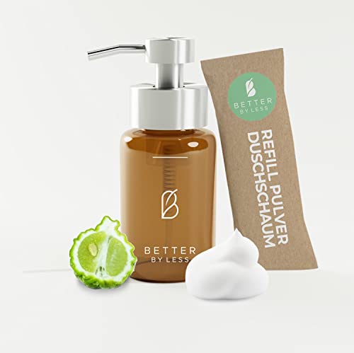 Better by Less Duschschaum, nachhaltige Naturkosmetik Körperpflege im Pumpspender - Bio Vegan Tierversuchsfrei ohne Plastik Schadstoffe, Duschgel-Schaum (Bergamotte, braunes Glas, silberner Pumpkopf) Cover