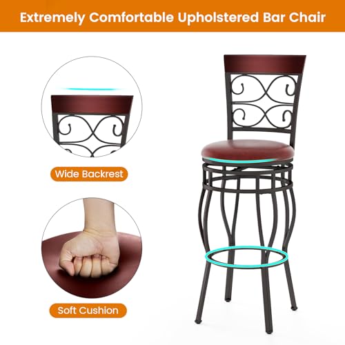 Butacos altos de bar de 30 pulgadas, juego de 2 unidades, giratorios 360 grados, estilo retro, con asiento y respaldo acolchados en cuero sintético, para cocina, bistró, pub y sala miniatura 3