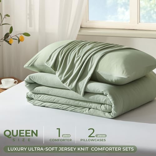 Image of Queen Comforter Set, Comforters Queen Size Luxury Ultra-Soft Jersey Knit Bedding Sets, Sage Green Lightweight Down Alternative Bed Comforte Queen for All Season, 3 Piece Bedding Setrey