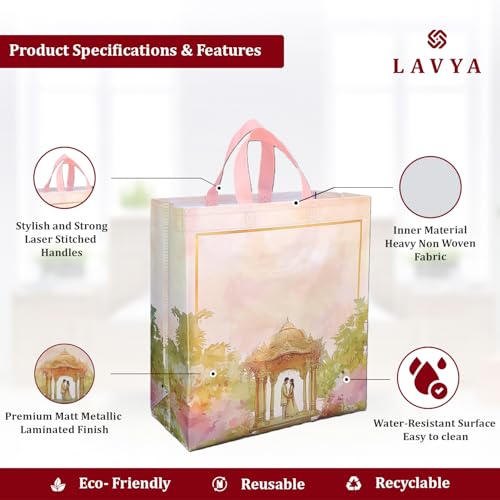 Image of Lavya Large Size Pack of 50 Pcs Wedding Return Gift Bags | Reusable Non-Woven Matt Finish Metallic Laminated | Jewellery, Sweets, Festival Party, Saree, Carry Bag (Golden Mandap, L-13x14x5)