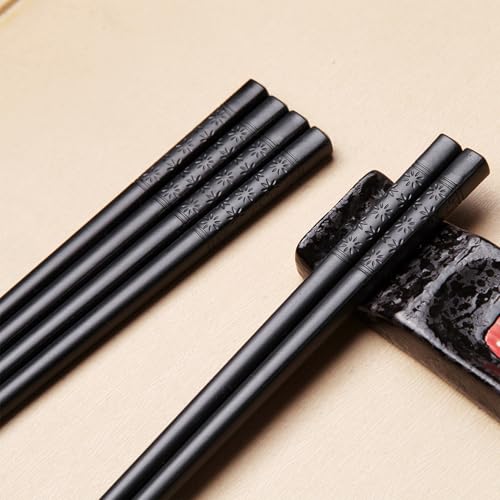 5 Paia Bacchette Sushi Lavabili, 24 cm Giapponesi Con Motivo per Incisione, Set Antiscivolo Riutilizzabili, Lavabili in Lavastoviglie, Chopsticks per Ristoranti Famiglie - Nero - immagine 4