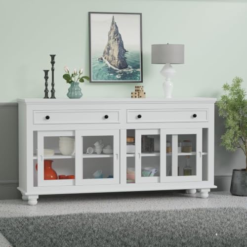 Image of Solid Sheesham Wood Deco White Finish Crockery Cabinet Kitchen Display Unit | 4 Sliding Acrylic Glass Doors & 2 Drawers Sideboard Buffet Cupboard Storage Furniture Dining Living Room & Entryway Areas