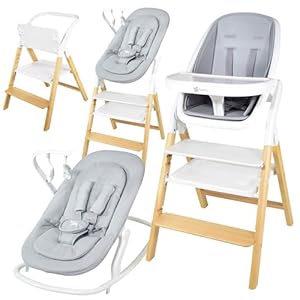 Twinly – Trona Evolutiva Bebé Set con hamaca 5 en 1 Multifunción Alaia: Hamaquita, Torre de Aprendizaje, Silla – desde Nacimiento 0m+ -Plegable y Ergonómica Madera Haya – Arnés con protector