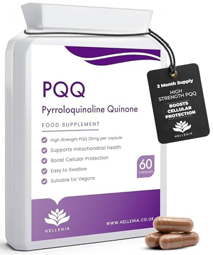 PQQ Supplement 20mg | Pure Pyrroloquinoline Quinone - High Strength | 60 Vegan PQQ Capsules | Energy Brain Cell Health Mitochondria & Anti-Ageing Support | 2-Month Supply Made in the UK by Hellenia