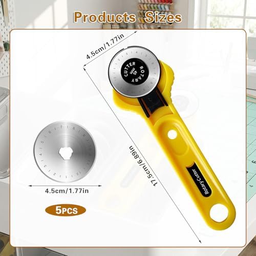 UPEOXT 45mm Rotary Cutter Set, Fabric Cutter with 5 Replacement Blades, Sewing Quilting Supplies, Ergonomic Handle for Crafts Leather Paper, Sharp Rolling Wheel Tool with Safety Lock, Yellow - 1