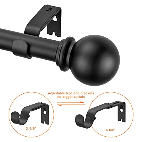 Yunnephele Adjustable Window Curtain Rods 72-144 Inches Matte Black, Classic Ball Finial Design Curtain Rod Set, Single Metal Iron Drapery Rod, 1 Inch Heavy Duty Curtain Rod #TOP3