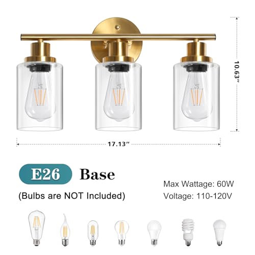 Image of Unicozin Modern Bathroom Light Fixtures, 3 Light Vanity Lights, Gold Wall Lamp with Clear Glass for Bathroom, Mirror, Living Room, Bedroom, Hallway, E26 Base