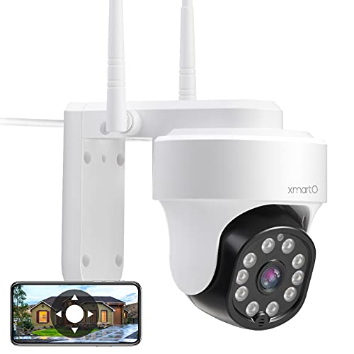 xmartO Security Camera Outdoor, 3MP Wireless WiFi PTZ Security Camera AC Powered, Auto Floodlight, Color Night Vision, Motion Detection MSG and Siren, SD Card and Cloud Storage