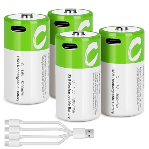 Image of TEMIBATT Rechargeable C Batteries 4 Pack with 4-in-1 USB-C Charge Cable, LR14 1.5V 5000mWh Li-ion Battery - 1200 Cycles
