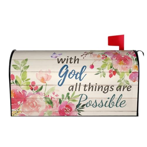 Image of Spring Summer Mailbox Cover Magnetic with God All Things are Possible Mailbox Wrap 21 inchx18 inch Peony Flowers Inspirational Standard Size Letter Post Cover for Yard Garden Outdoor Outside