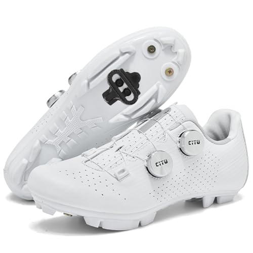 TvzsiY Zapatilla de Ciclismo Hombre Zapatos Bicicleta de Montaña Compatibles con SPD Calas para Entrenamiento y competición Profesional,Blanca,46 EU