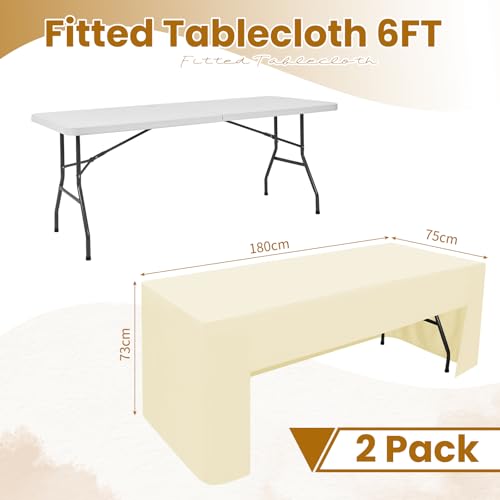 Confezione da 2 tovaglie beige aperte sul retro per tavolo pieghevole da 1,8 m, lavabile, tessuto di poliestere beige, tovaglia per fiere, feste, matrimoni, eventi - immagine 3