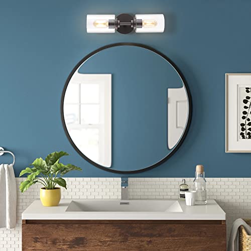 Image of JONATHAN Y 16 inch Oil Rubbed Bronze Farmhouse 2-Light Wall Sconce, Industrial Vanity Light for Bathroom Mirror, Entryway, Hallway, Clear Glass Cylinder Shades, LED Bulbs JYL9548A