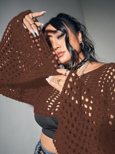 Image of Floerns Women's Plus Size Boat Neck Long Sleeve Crochet Cropped Sweater