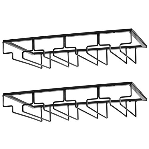 FOMANSHWine Glass Rack - Under Cabinet Stemware Wine Glass Holder Glasses Storage Hanger 2 Pack Metal Organizer for Bar Kitchen 4 Rows Black