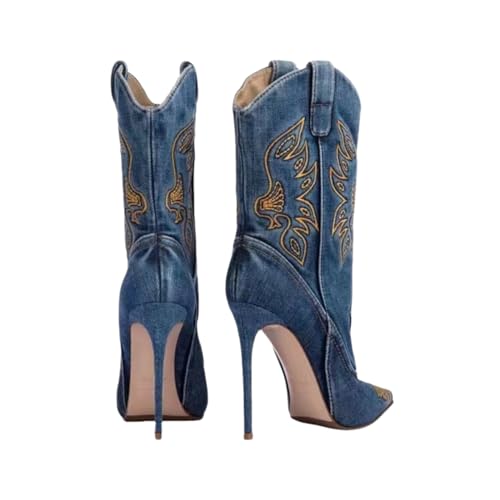 Image of Saint Leia Women's Embroidered Western Cowboy Stiletto Heel Boots Pointed Toe Pull-Up Tabs Classic Cowgirl Dress Boot