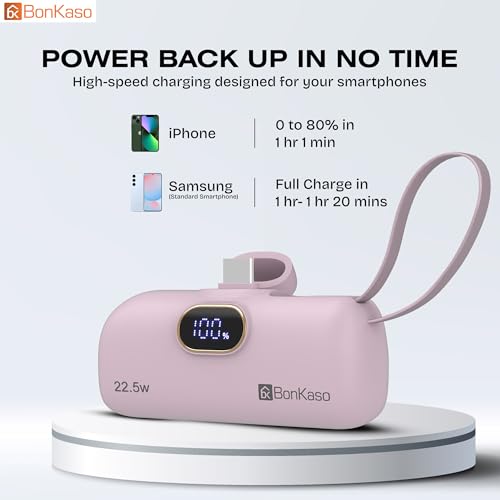 Image of BonKaso 5000mAh Mini Power Bank with Built in Cable, 22.5W PD Fast Charging Pocket Portable Charger, USB Type C Input and Output, Digital LED Display for iPhone and Android, Pink