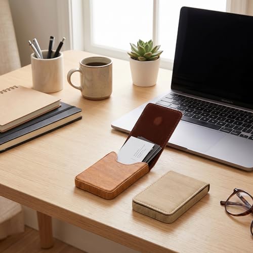 Image of Outus 2 Pcs Business Card Holder, PU Leather Business Card Case Pocket Wallet with Magnetic Shut for Men Women(Wood,Classic)