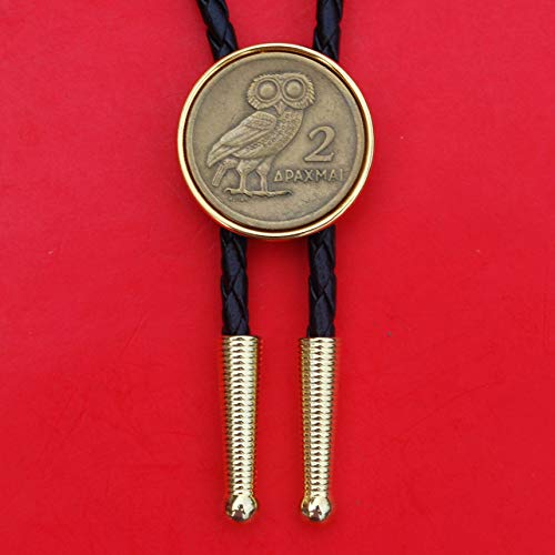1973 Greece 2 Drachma Athena\'s Owl & Phoenix Coin 36\" Cord Gold Bolo Tie NEW - Wildlife Animal