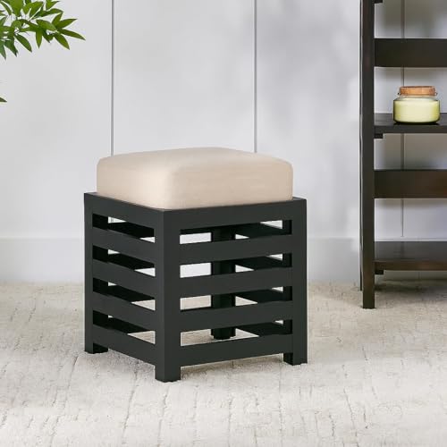 Image of Wooden Ottoman Stool with Cushioned Seat | Modern Square Footrest Pouffe for Living Room Bedroom | Solid Wood Accent Stool for Home Decor Seating (Black, 12 By 12 Inches)
