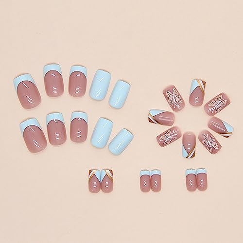 Onsdag French Tip Press On Nails Medium Length Square Fake Nails,Light Blue False Nails With Gold Butterfly Designs,Acrylic Coffin Artificial Nails Glue On Nails thumb #2
