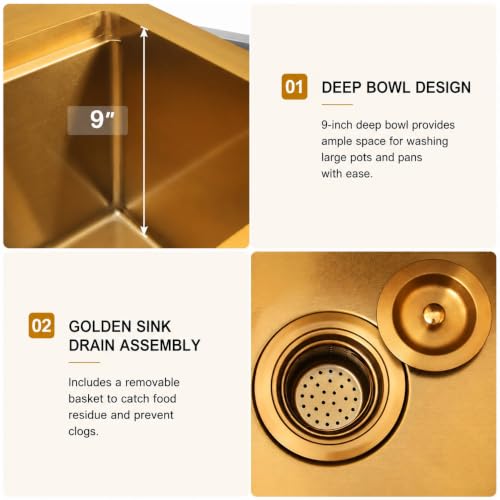 Image of Gold Bar Sink, 15 inch Gold Kitchen Sink, SUS304 Stainless Steel Single Bowl