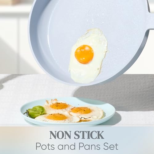 Image of CAROTE Ceramic Cookware Set Nonstick, 14pcs Pots and Pans Set Nonstick, Non-Toxic & PFAS-Free, Dishwasher, RV /Camping Cookware Set, Cooking Pots with Lids, Pastel Blue