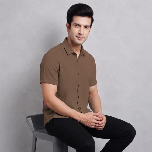 Image of TOPLOT Men's Casual Short Sleeve Button Down Shirt | Lightweight Breathable Textured Linen Formal Shirt | Summer Beach Vacation Relaxed Fit Man Shirts (5260)