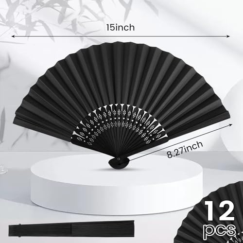 image for JOHOUSE Foldable Bamboo Fans, 12PCS Black Handheld Fans Folding Hand F