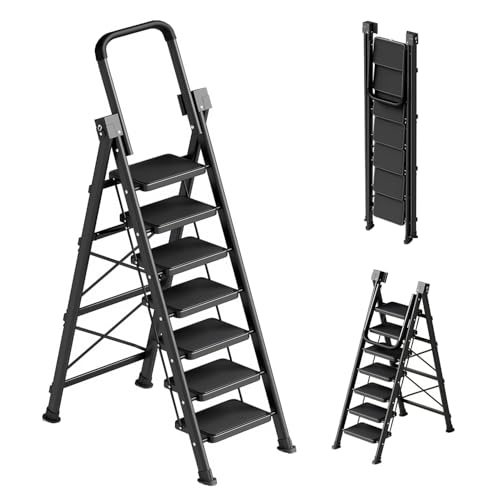 7 Step Ladder Retractable Handgrip Folding Step Stool with Anti-Slip Wide Pedal Carbon Steel Step Stool Ladders for Adult Safety Household Ladder for Kitchen Home Office&Garage