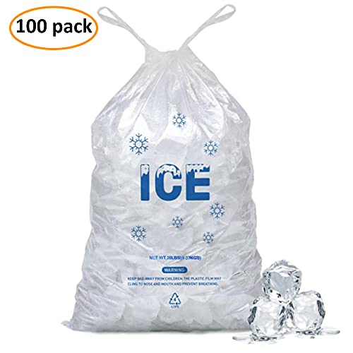 Image of 100 PACK 20 lb. Plastic Drawstring Ice Bags 14 x 28 Inch Heavy-Duty Ice Bags with Plastic Draw String (2.8mil Thickness)