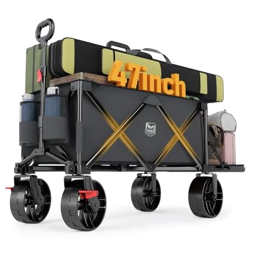TIMBER RIDGE 47" Extra Long Collapsible Folding Wagon with Tailgate, 300lbs Heavy Duty Beach Wagon with All-Terrain Big Wheels, Foldable Utility Wagon Cart for Sand Camping Sports Shopping, Gray