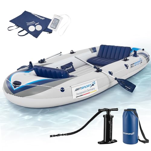 ArtSport Schlauchboot 330 cm für 4 Personen — Paddelboot aufblasbar mit 2 Sitzbänken — Ruderboot PVC mit Luftpumpe, Paddel, Tasche & Reparaturset