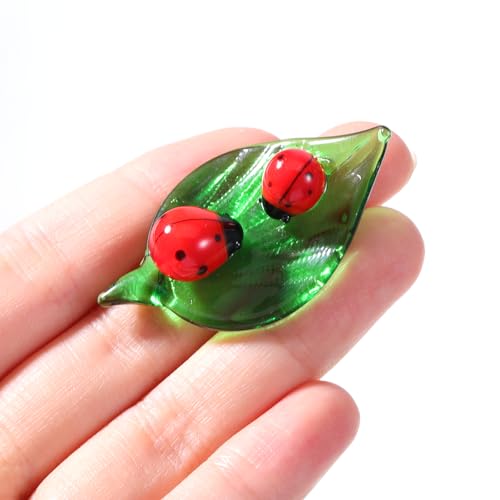 Gtziqa Mini Ladybug Decor Crystal Figurines Green Leaf Glass Ladybug Gifts Lady Bugs Decor Hand Blown Glass Animals Insect Small Figurines Home-Decor Collectible Figurine Stocking Stuffers