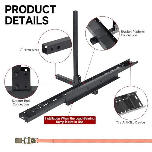 NIHAO 2" Steel Hitch Mounted Motorcycle Carrier with Loading Ramp and Rope, Fit Up to 5” Wide Tire for SUVs Cars Trucks RV - Max Load 300LBS - Thumbnail 5