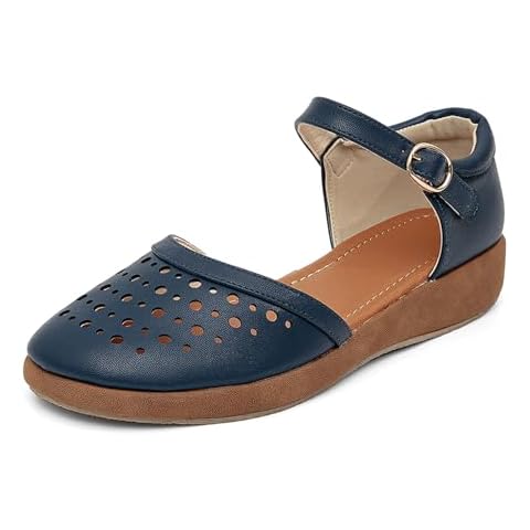 GATUXUS Women's Low Wedge Ankle Strap Buckle Flats Shoes Closed Toe Roman Cage Cusual Flat Sandals (Navy, US 8) Cover