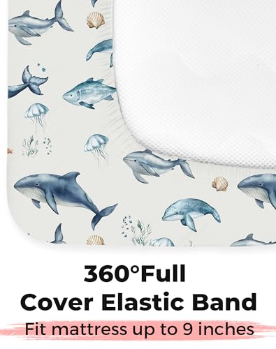 Image of Crib Sheets for Boys and Girls, 2 Pack Fitted Baby Sheets for Standard Toddler Mattress 28 inch x 52 inch, Soft Breathable Jersey Knit Baby Bedding (Aquatic Adventures)