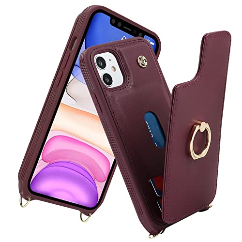 Image of for iPhone 11 Phone Case with Card Holder and Strap for Women,Crossbody Lanyard,RFID Blocking,Kickstand Ring Stand,Snap Clasp,Phone Wallet Cases 6.1 inch(Wine Red)