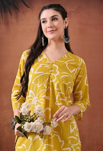 Image of Ichaa Women's Pure Cotton A-Line Ethnic V-Neck Kurta with 3 /4th Sleeve for Daily and Office Wear, in Plus Sizes