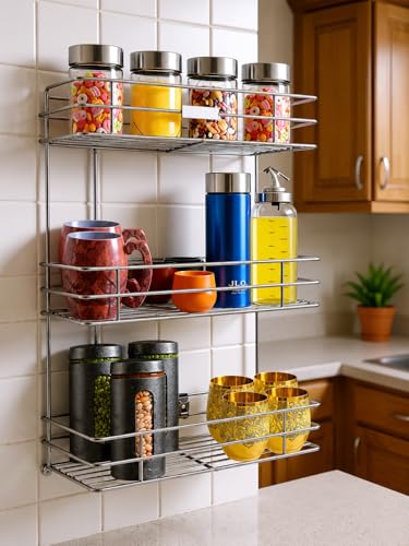Image of 3 Layer Wall Mount Stainless Steel Multipurpose Storage Rack /Shelf,Kitchen Rack and Shelves for Storage - 3 Tier Rack for Kitchen and Bathroom,Utensil Storage for House