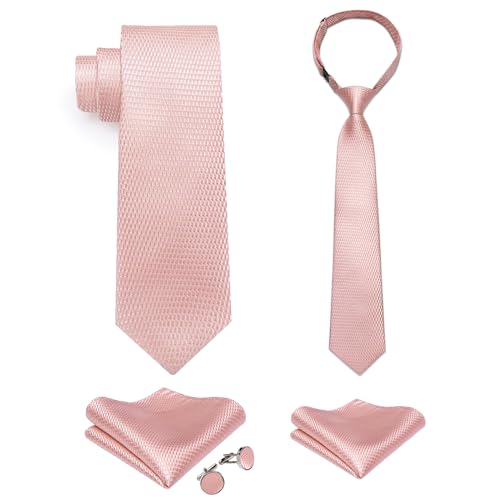 DiBanGu 2PCS Set for Father and Son Tie Silk Mens and Boys Adjustable Necktie & Pocket Square Cufflinks Kids Pre-tied Necktie, Blush Pink