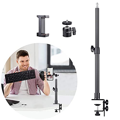 UTEBIT Camera Desk Mount with Phone Clamp and Mini Ball Head Aluminum Tabletop Light Stand Adjustable Arm 13.6in - 23in for Ring Light, Video Light, DSLR Camera, Projector