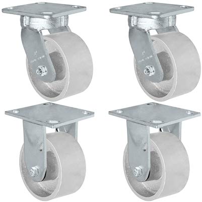 CasterHQ - 4" x 2" Kingpinless 2 Swivel & 2 Rigid Caster Set of 4 - Semi Steel Gray Iron Wheel - 2,800 lbs Capacity Per Set of 4