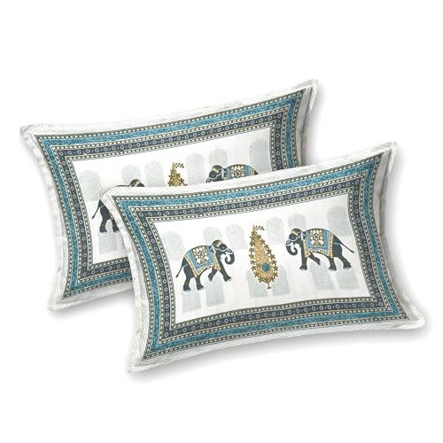 Image of 240 TC 100% Cotton Bedsheet for Double Bed King Size with 2 Pillow Covers | Breathable & Super Soft Rajasthani Sanganeri Jaipuri Printed Bed Sheet -100 * 108 Inches (Jaipuri Elephant 1)