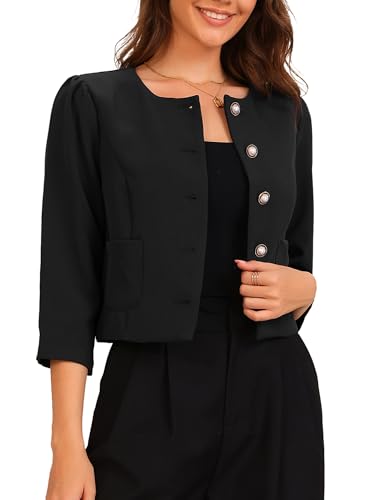 Allegra K Collarless Blazers for Women 3/4 Sleeve Dressy Casual Cropped Jacket
